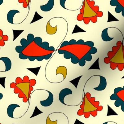 Retro Scalloped Triangles Red Blue and Gold on Yellow