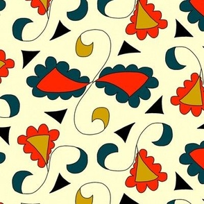 Retro Scalloped Triangles Red Blue and Gold on Yellow