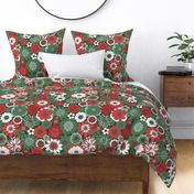 Bessie Retro Floral Christmas Red Green Dark Green BG - extra large scale