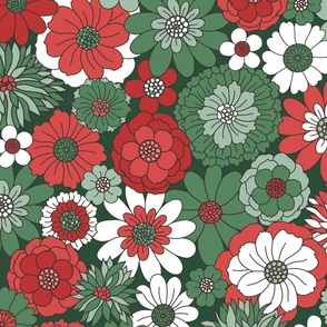 Bessie Retro Floral Christmas Red Green Dark Green BG - extra large scale