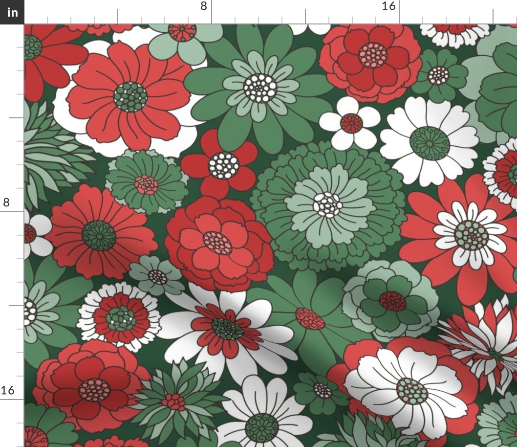 Bessie Retro Floral Christmas Red Green Dark Green BG - extra large scale