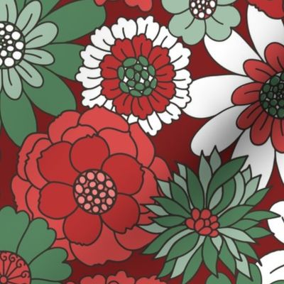 Bessie Retro Floral Christmas Red Green Maroon BG - extra large scale