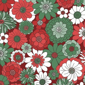 Bessie Retro Floral Christmas Red Green Maroon BG - extra large scale