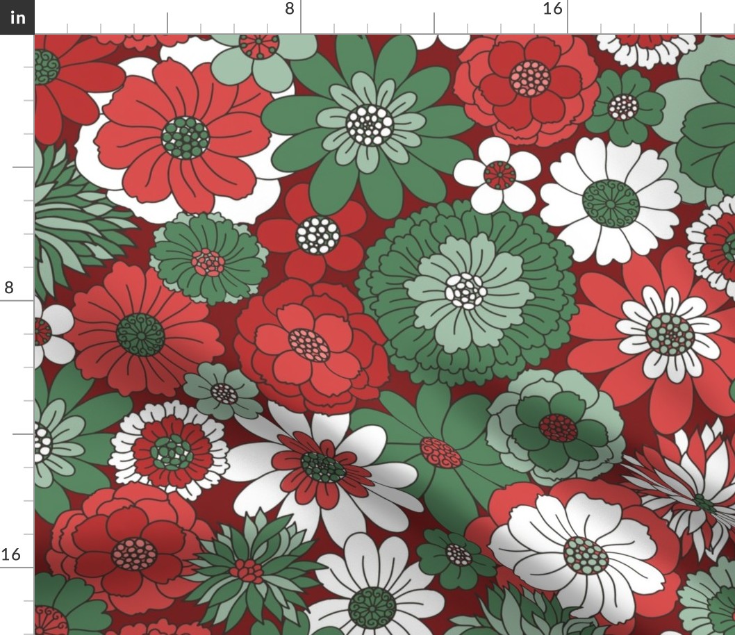 Bessie Retro Floral Christmas Red Green Maroon BG - extra large scale