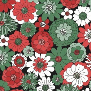 Bessie Retro Floral Christmas Red Green Midnight BG - extra large scale