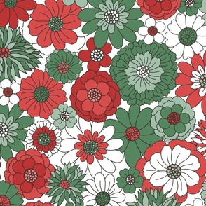 Bessie Retro Floral Christmas Red Green White BG - extra large scale