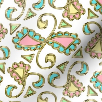 Retro Scalloped Triangles in Pastel Pink Blue and Yellow on White with Faux Gold