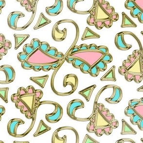 Retro Scalloped Triangles in Pastel Pink Blue and Yellow on White with Faux Gold