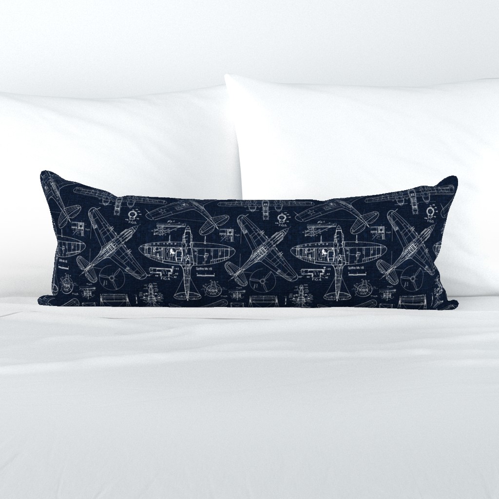 Airplanes White on dark Blue Linen - large scale