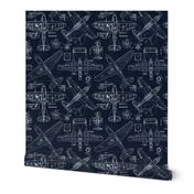 Airplanes White on dark Blue Linen - large scale
