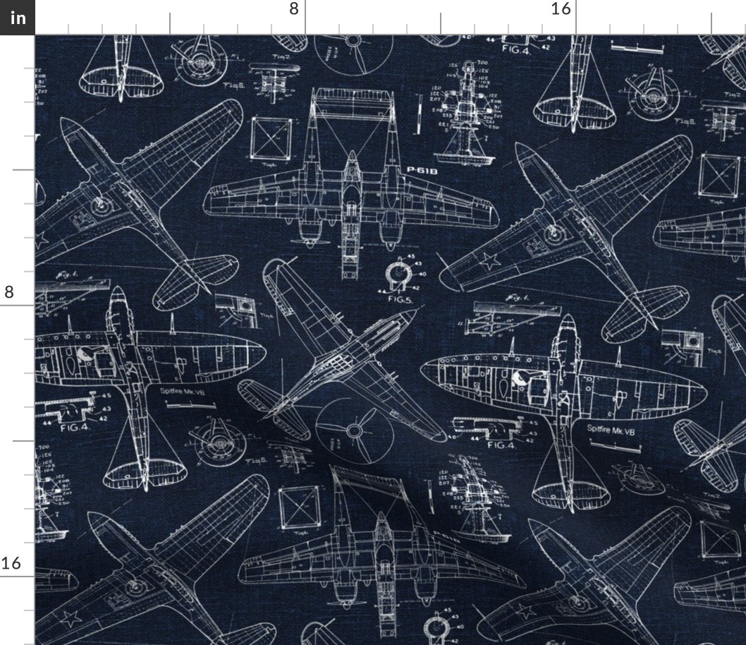Airplanes White on dark Blue Linen - large scale