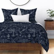 Airplanes White on dark Blue Linen - extra large scale