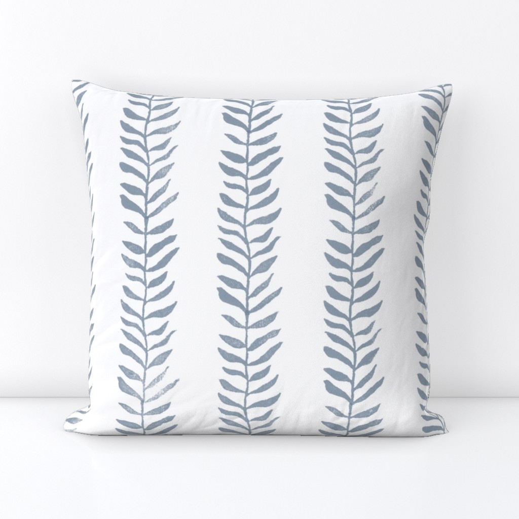 Botanical Block Print, Blue Gray on White (xl scale) | Leaf pattern fabric from original block print, fresh gray, neutral decor, plant fabric, white and gray.
