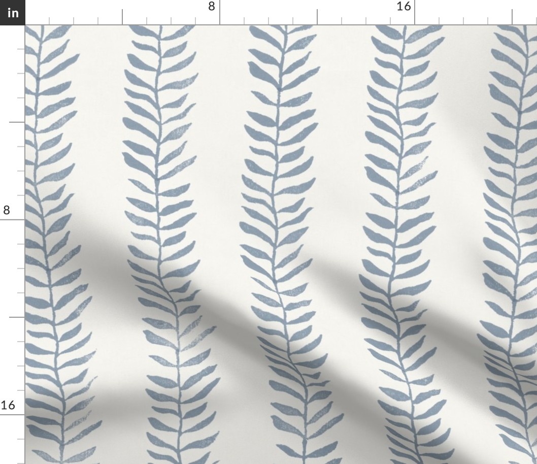 Botanical Block Print, Blue Gray on Warm White (xl scale) | Leaf pattern fabric from original block print, gray and cream, neutral decor, plant fabric, fresh gray.