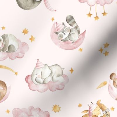 Woodland baby animals sleeping night sky pink 