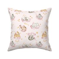 Woodland baby animals sleeping night sky pink 