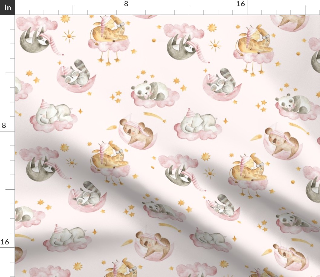 Woodland baby animals sleeping night sky pink 