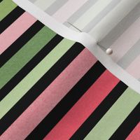 Small Scale Coral Pink and Green Stripes Scandi Coordinate on Black