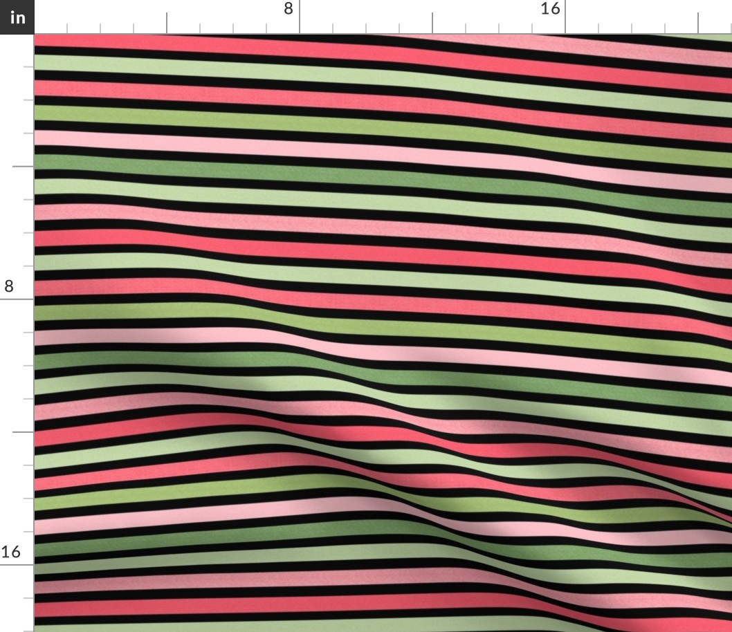 Small Scale Coral Pink and Green Stripes Scandi Coordinate on Black