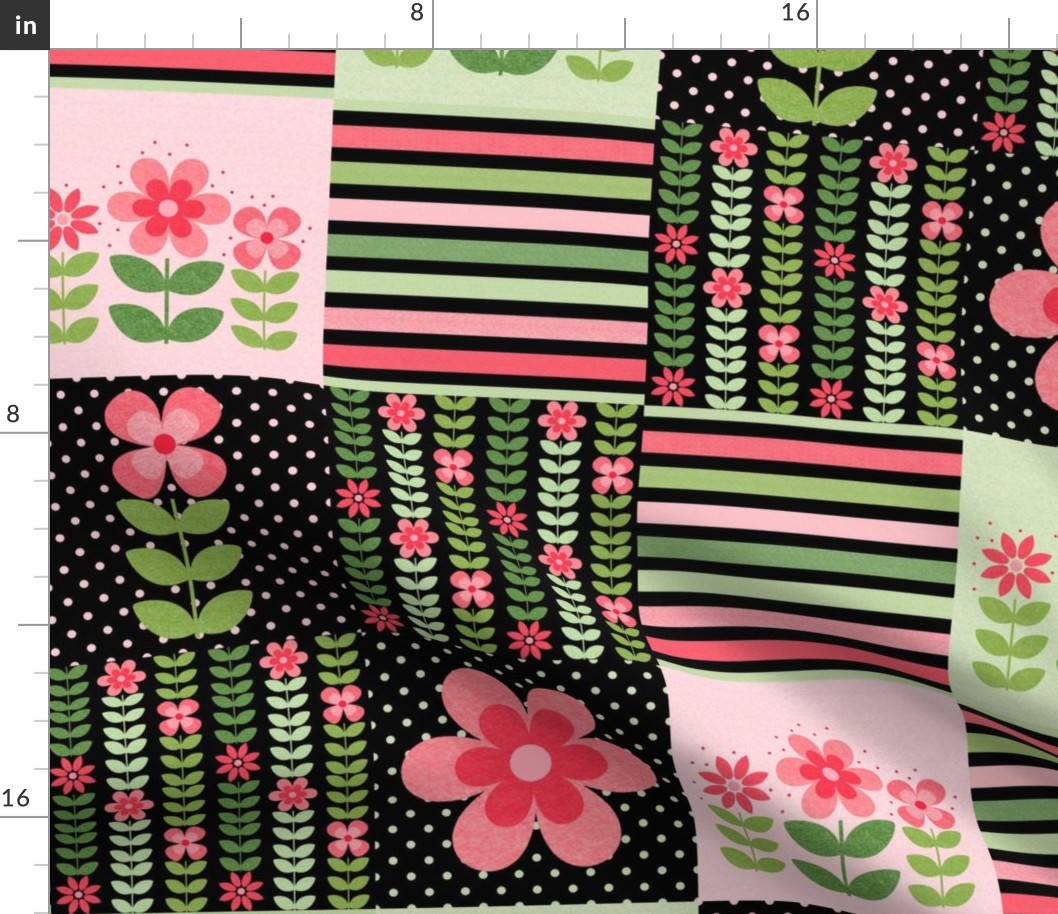 Patchwork 6" Square Cheater Quilt Coral Pink Scandi Flowers on Black