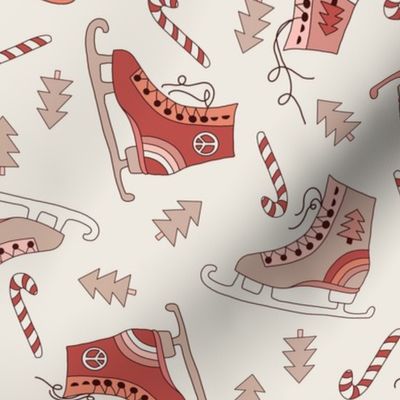 LARGE ice skates fabric - ice-skates fabric, Christmas holiday design, boho muted neutral retro designs