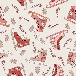 LARGE ice skates fabric - ice-skates fabric, Christmas holiday design, boho muted neutral retro designs