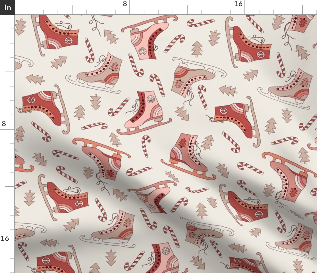 LARGE ice skates fabric - ice-skates fabric, Christmas holiday design, boho muted neutral retro designs