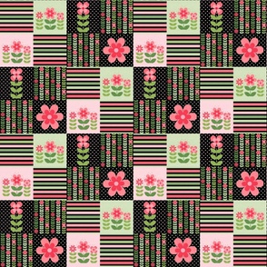 Smaller Patchwork 3" Square Cheater Quilt Coral Pink Scandi Flowers on Black