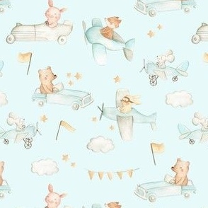 Woodland Animals in Cars and Planes Watercolor Pattern