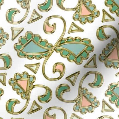 Retro Scalloped Triangles in Green and Peach on White with Faux Gold