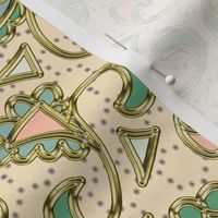 Retro Scalloped Triangles in Green and Peach on White with Faux Gold and Hexagon Dots