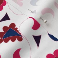 Retro Scalloped Triangles in Burgundy Pink and Royal Blue on White
