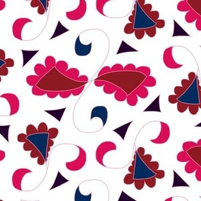 Retro Scalloped Triangles in Burgundy Pink and Royal Blue on White