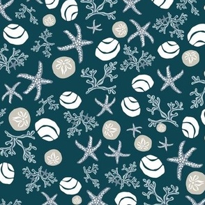 (small) Starfish and shells dancing - Navy Blue, Grey and white