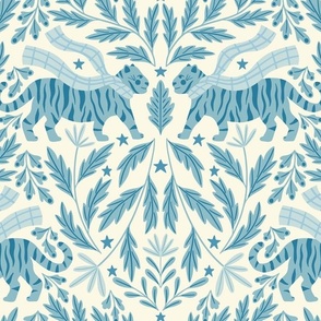 Cozy Tigers Damask - Large Scale Antique Blue