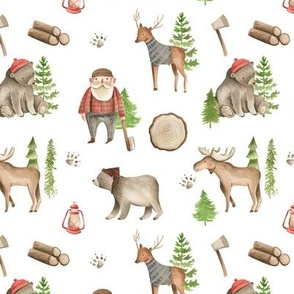 Lumberjack woodland forest animals watercolor 