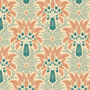 Lilac vintage Damask pattern Teal and Terracotta