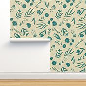 Whimsical doodle flowers Teal, Sea Glass, Vanilla
