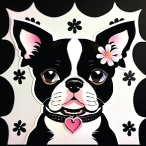 Boston Terrier dog black daisy flower quilt panel 16 x 15 inch  #15