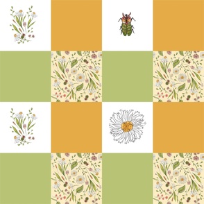 Patchwork with wildflowers and colorful squares. Green and yellow squares, beetles and chamomile