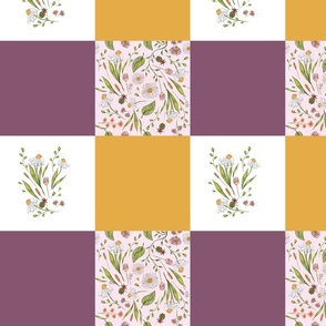 Patchwork with wildflowers and colorful squares. Square purple and square yellow