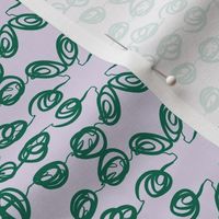 Loop the Loop Damask Dark Green on Palest Lavender, small scale