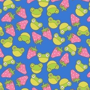 Cottage Frogs and Strawberries on Blue