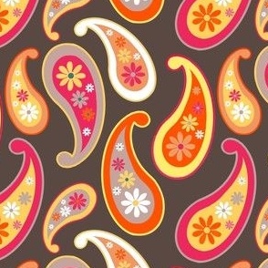 Retro paisley with flowers in red, orange, brown and tellow