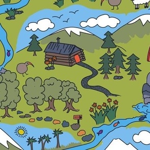 013 - Take a Hike Kiwiana- landscape with snowy mountains, waterfalls, rainbows, kiwi, sheep, clouds, log cabins, sun, birds, reeds, streams, paradise -  perfect for playmats, kids room decor and home accessories