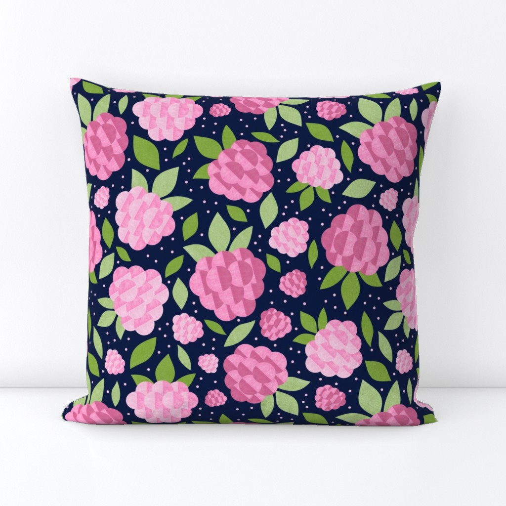 Large Scale Pink Raspberries on Dark Navy Background