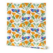 Colourful Parrots & Golden Poppies Chinoiserie - white, medium to large  