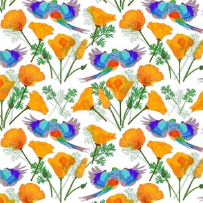 Colourful Parrots & Golden Poppies Chinoiserie - white, medium to large  