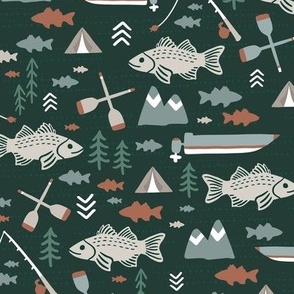 Medium Day At The Lake Fishing Boating Mountains Boys Room Forest Green