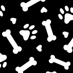 Dog Bones & Paw Prints: White on Black (Extra Large Scale)